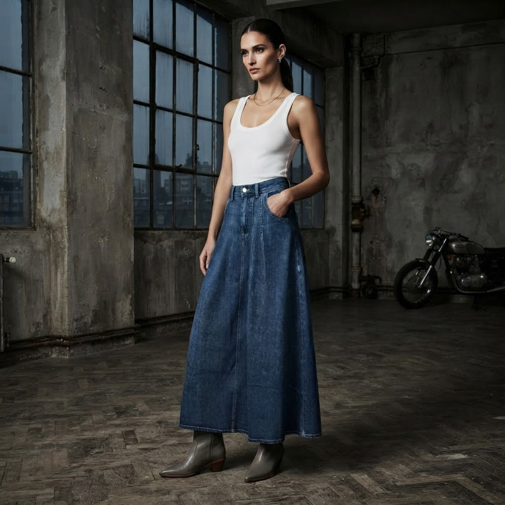 Berica long denim skirt with pleats