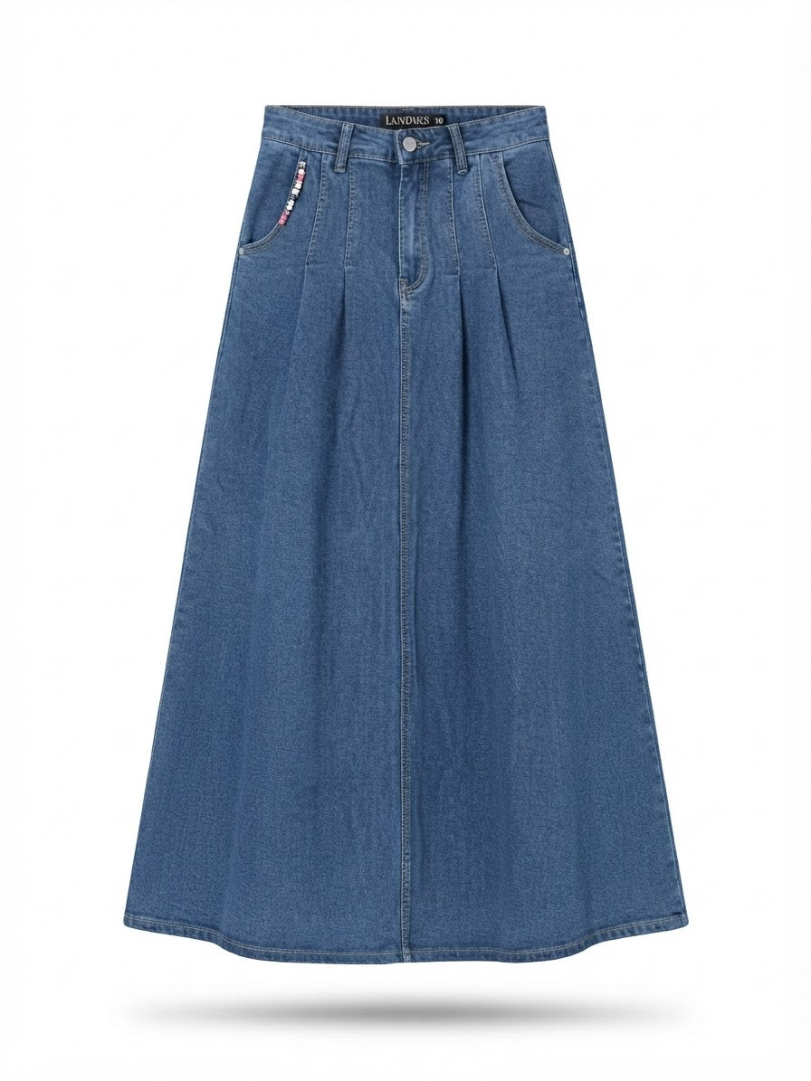 Berica long denim skirt with pleats